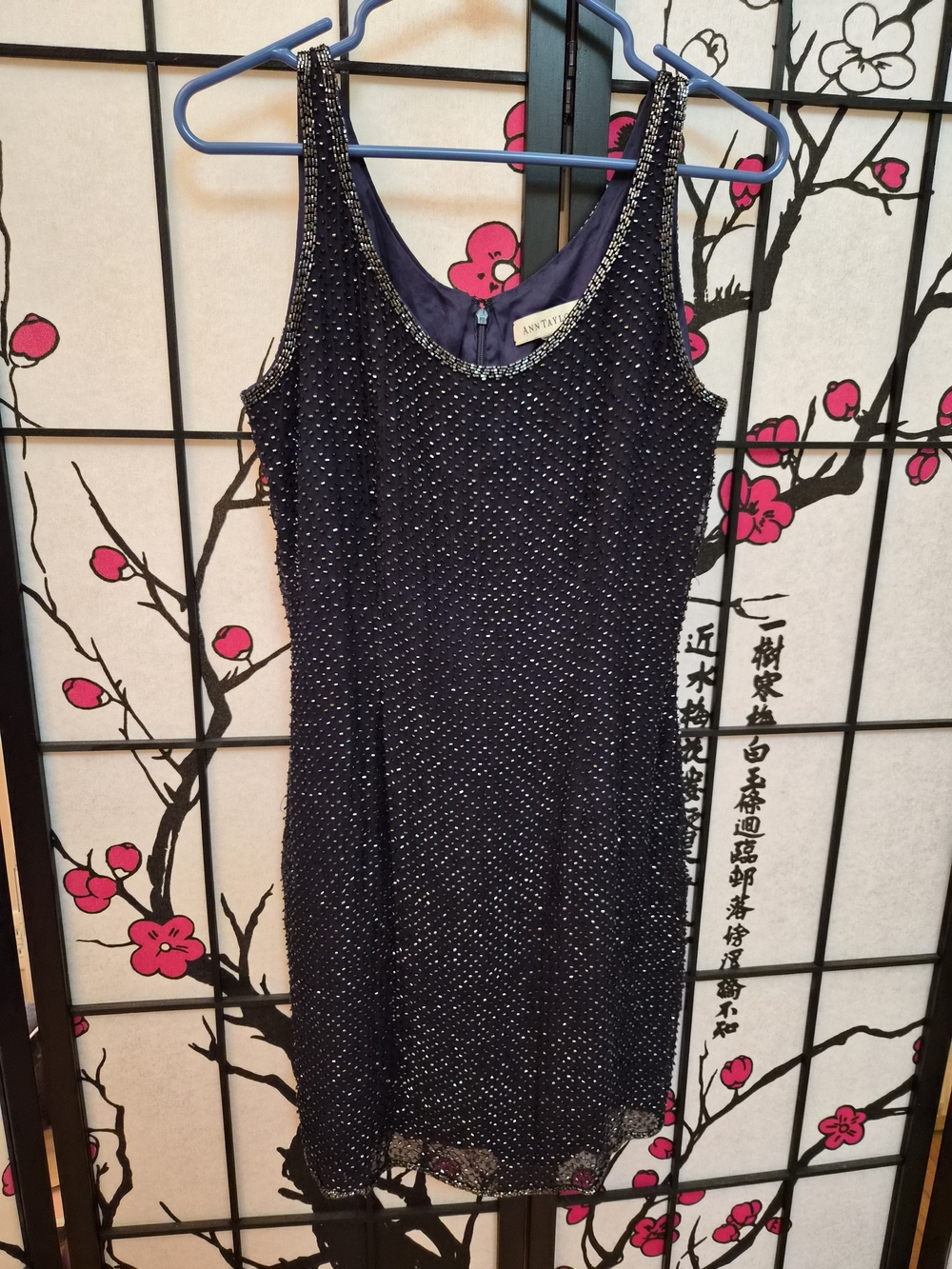 VTG Ann Taylor 100% Silk Heavily Beaded Shift Dress Navy Small 90s Cocktail